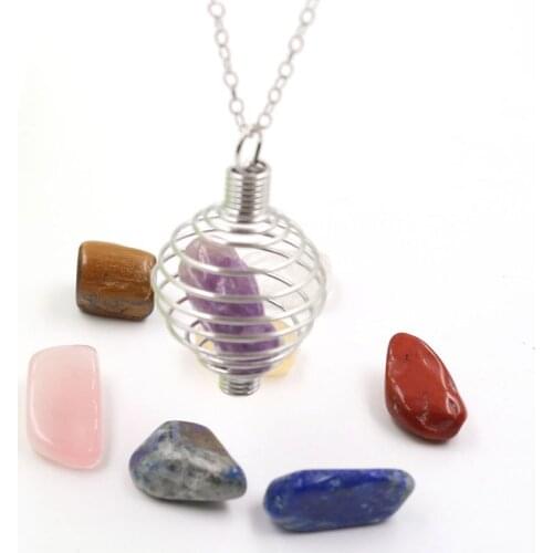 Natural Crystals Reiki Healing Stones Collection 7 Chakra Set Tumbled Stones,Chakra Pendulum and Interchangeable Cage Necklace