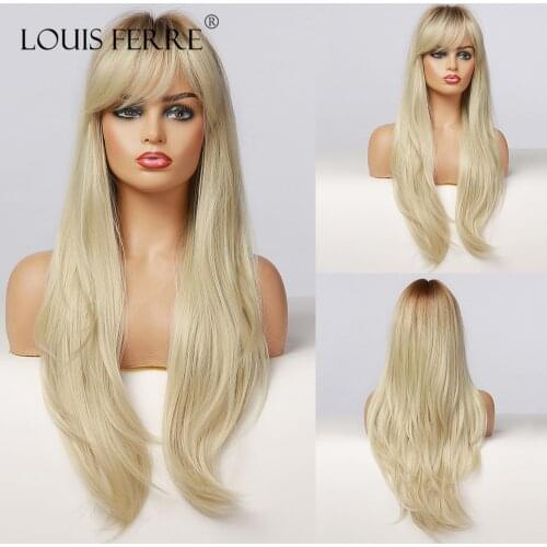 LOUIS FERRE Light Blonde Wig for Women Brown Ombre Synthetic Hair Long Straight Wigs with Bangs Daily/Cosplay Costume Wig