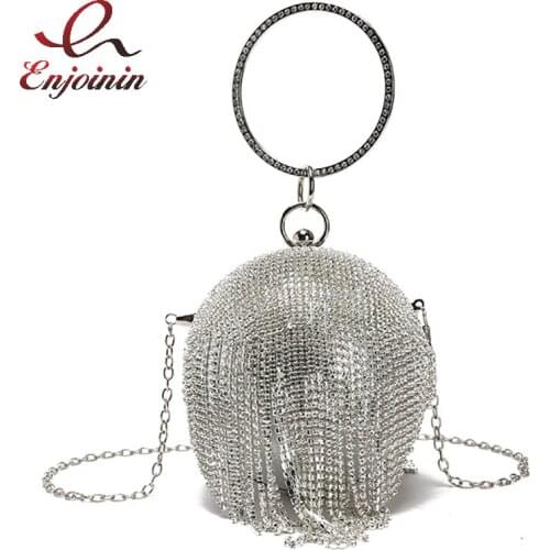 Luxury Diamond Round Party Clutch for Women Fashion Tassel Designer Bag Mini Chain Shoulder Bag Female Purses Handbags Wedding