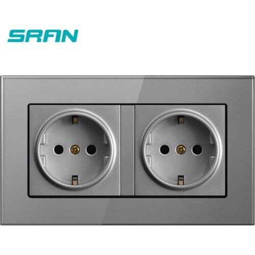 Wall EU Socket Plug Grounded 16A Multi Way Power Electrical Outlet Double Strip Crystal Glass Panel 146*86 Gray/Grey