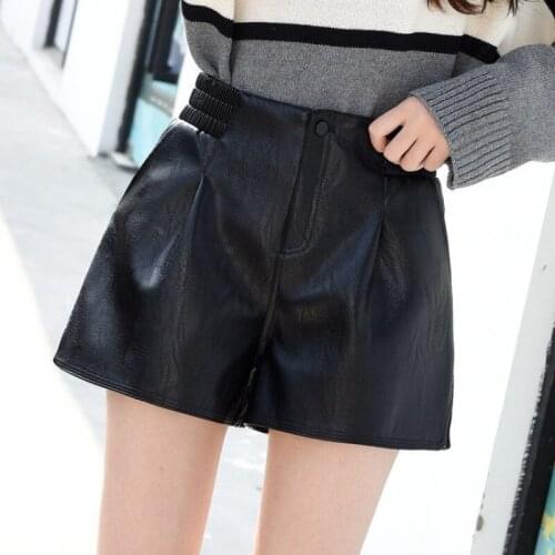 Women Pu Leather Shorts High Quality Wide Leg Faux Leather Shorts High Waist Autumn Plus Size Loose Elastic trousers Lady Loose