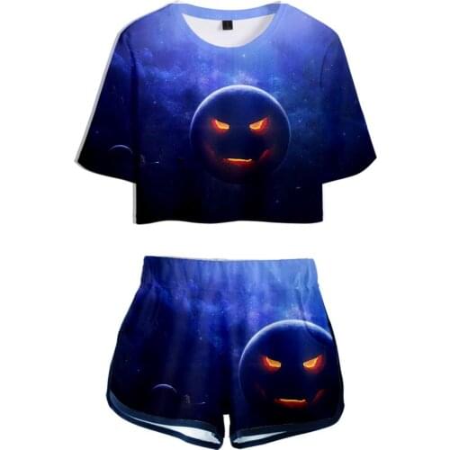 New Dew navel Sport Girls Short Sleeve Suits Sexy Girls Summer Two Pieces set Happy Halloween kun T-shirts short Pants sport set