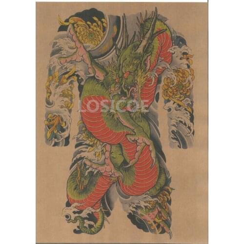 Dragon Japan Ukiyo Tattoo Print Painting Vintage Kraft Paper Poster Wall Art Flip Chart Stickers Home Decoration