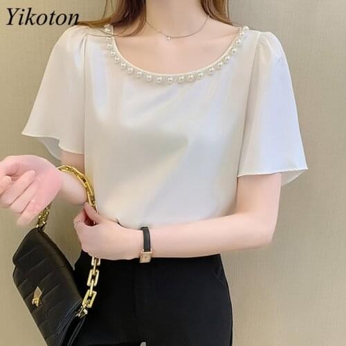 Summer Womens Shirt Blouse And Tops Chiffon Beading Woman Office Work Puff Sleeve O-Neck White Shirts Blusas Camisa mujer Top