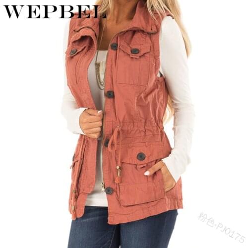 WEPBEL Women Sleeveless Jackets Autumn Vest Pockets Zipper Button Casual Winter Fashion Slim Vintage Ladies Vests