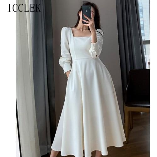 Vintage French Hepburn Square Neck Puff Sleeve Dress Female 2021 Autumn New One-Piece Korean Dress Black Party Dress Midi Dress
