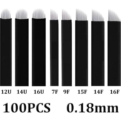 100pcs 0.18mm Lamina Tebori Flex Microblading 12 14 16 18 U Shape Tattoo Needles for Permanente Makeup Eyebrow Blades Manual Pen