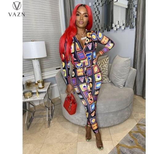 VAZN 2021 Autumn Mature Fancy High Waist Soft Elastic Free Deep V-Neck Full Sleeve Women Skinny Long Pencil Jumpsuits