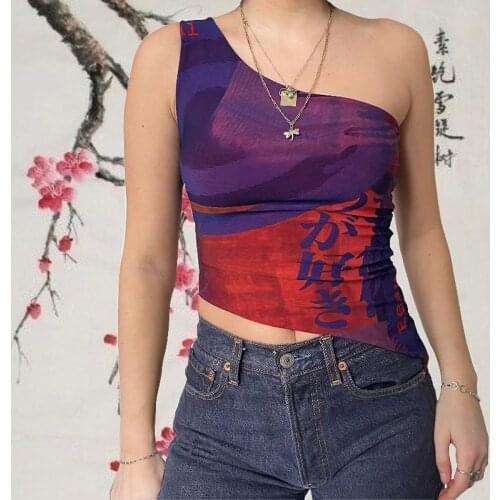 2021 Printed Vintage Corset Top y2k Asymmetrical Skinny Crop Top Women Summer 90s Streetwear Chinese Style Camis Harajuku