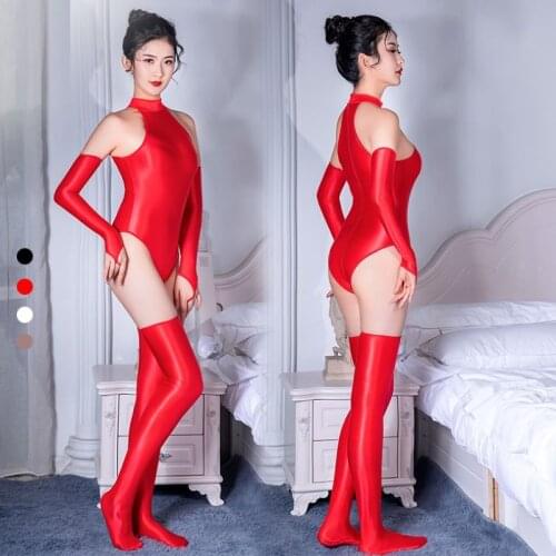5PCS Glossy Sexy High Cut Open Crotch Bodysuit Sets High Elastic Bright Tight-Fitting Catsuit with Stockings&Gloves Erotic Wear