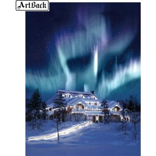Full square drill diamond painting snow house sky aurora diamond embroidery landscape picture 3d rhinestone mosaic cross stitch