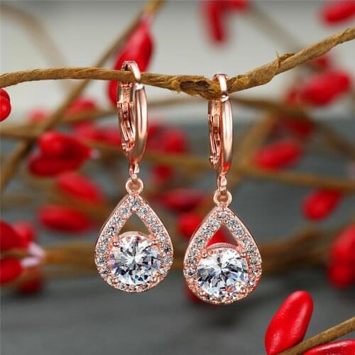 Angel Teardrop White Round Zircon Water Drop Earrings For Women White Gold/Rose Gold Dangle Earrings Female Luxury Accessories