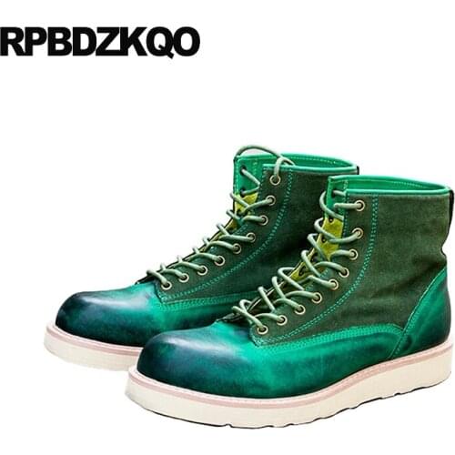 Green Designer Shoes Men High Quality 2019 Short Full Grain Leather Genuine Lace Up Patchwork Harajuku Suede Booties Boots Ankle