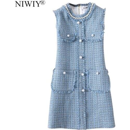 NIWIY Brand Luxury Woman Bead Tweed Dress Robe Femme Hiver 2021 Autumn Christmas Party Dress Vestido De Festa Jurken N9407
