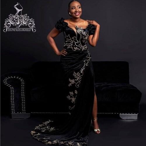 Aso Ebi Black Velour Mermaid Evening Dress Sequin Lace Side Split Africa Formal Party Dress Sexy Ruffles Sleeves Evening Gowns