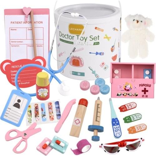 Wooden Pretend Play Doctor Set Educational Toys For Kids Simulation Medicine Chest Kit Dentist Nurse Games Medical Toys For Girl