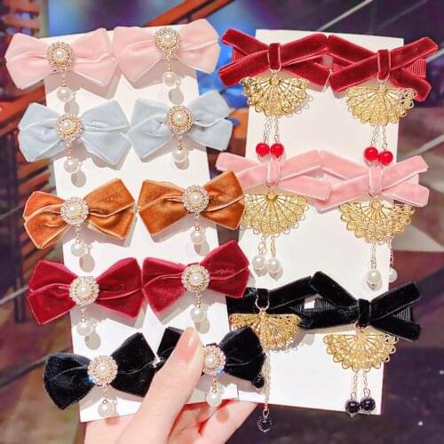 Korea Trending Products 2021 New Girls Hair Accessories Bow Knot Pearl Pendants Hairpin Children Sweet Headwear Hair Clips
