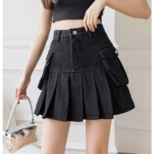 Goth High Waist Jean Skirts Y2K Aesthetics Black Denim Pleated Skirts with Big Pockets Punk Style E-girl Outfits Shorts Skirts