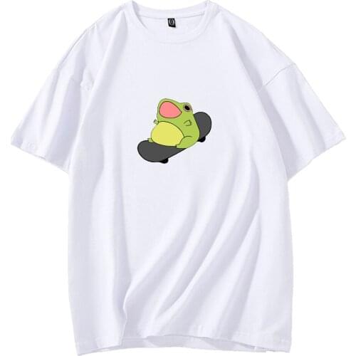 Frog on Skateboard T Shirt Harajuku Cotton Striped Pant All-match Aesthetic Cute Two-piece Suits Girl High Waist Joggers Ulzzang