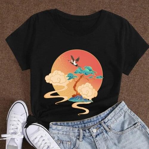Women T Shirt Cotton 100% Summer Short Sleeves Chinese Painting Print Oversized Casual Fashion Female Aesthetic Clothes Tee Tops