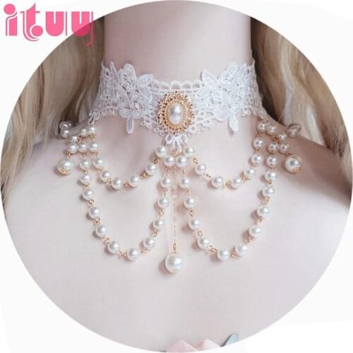 Gothic Lolita Soft Sister Sweet Pearl Pendant Rose Lace Necklace Handmade Goddess KC Collarbone Chain Wedding Necklace Accessory