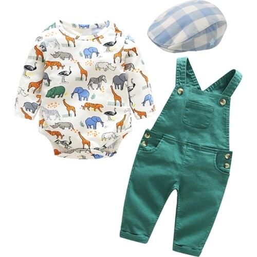 Cotton Newborn Baby Boys Romper Clothes Set Cartoon Infant Animal Bodysuit + Green Bib Pant Outfit Children Cute Dress Rompers