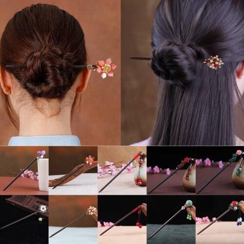 Chinese Style Jade Plum Blossom Rose Wooden Chopsticks Hair Hairpin Chignon Pin