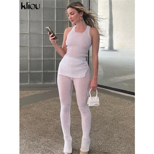 Kliou Solid Knitted Two Piece Set Women See Through Skinny Casual Top+Pant Matching Outfits Active Sexy Streetwear Clothing