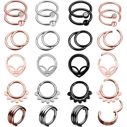 Mixed Style Double Layers Steel Clicker Segment Nose Hoop Rings Hinged Ear Helix Septum Piercing Unisex Body Jewelry Nostril Man