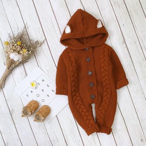LZH Hot Sale 2021 Autumn Winter New Childrens Three-dimensional Small Ears Hooded Knitting Romper Kids Outing Romper 0-3 Years