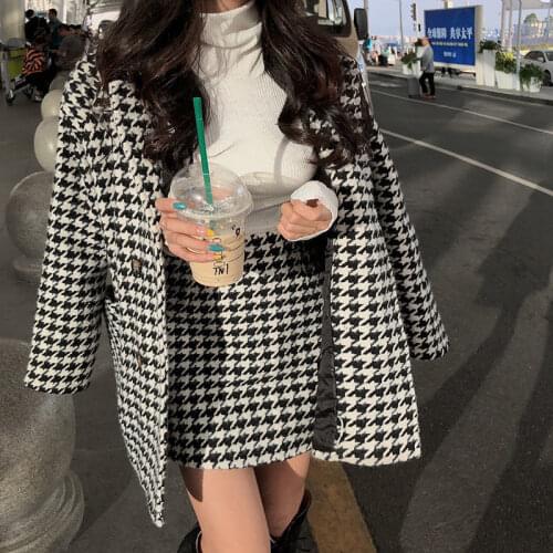 Leiouna Two 2 Piece Set Retro Houndstooth Channel Style Mid-length Coat High Waist Skirt Winter Suits Women Basic Jackets