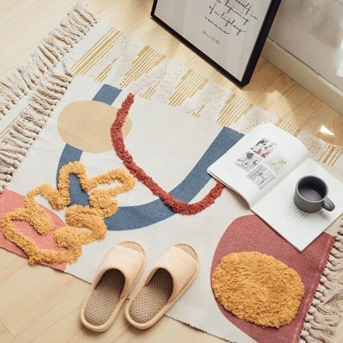 Morocco Cotton Hand Woven Printed Area Rugs Tufted Tassels with Anti Skid Pad Throw Rug Machine Washable Bath Mat,Doormat Carpet