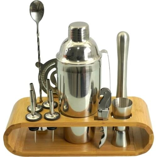 12-Piece Cocktail Shaker Set Stainless Steel Bartender Kit Mixer Drink Bar Tool Accessories Oval Bamboo Stand