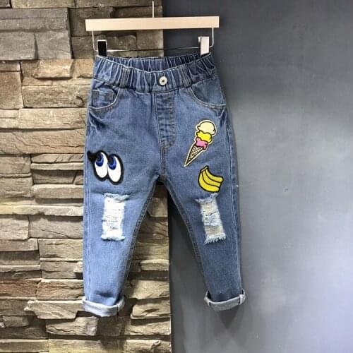 2017 Autumn Childrens Girls Cartoon Jeans Fashion Hole Jeans Baby Girl Loose Sport Pants Childrens Casual Trousers Clothing