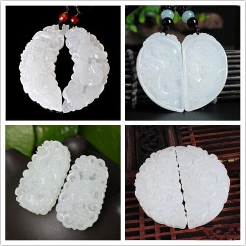 A pair Natural White Jade Dragon Phoenix Pendant Jadeite Necklace Jewellery Fashion Accessories Hand-Carved Luck Amulet Gifts