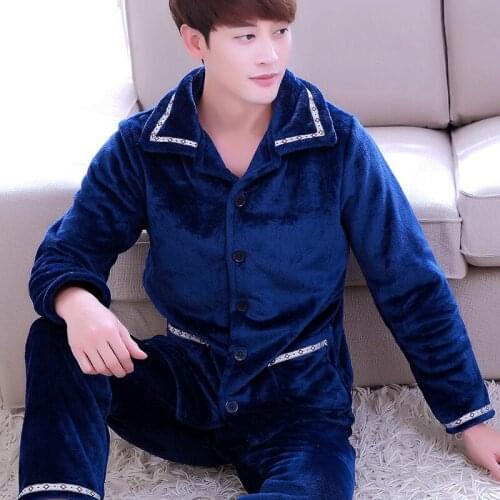 H5872 Men Pajamas Suit Male Autumn Winter Warm Flannel Long Sleeve Sleepwear Coral Fleece Plus Size Loose Leisure Soft Nightwear