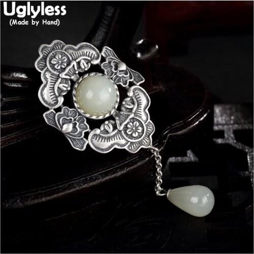 Uglyless Real 925 Sterling Silver Ethnic Handmade Bats Pendants for Women Water Drop Jade Tassel Necklaces NO Chains Thai Silver