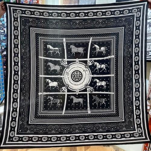 POBING Silk Cashmere Scarf Women Hand Rolled Shawls Ten Horse Print Square Scarves Wraps Lady Bandana Big Hijabs Female Foulards
