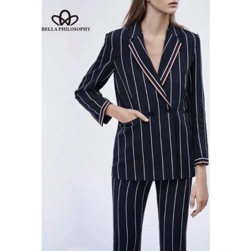 HStar Women Autumn Long Sleeve Blazers Jackets Vintage Striped Female Double Breasted Blazers Casual OL Outwears