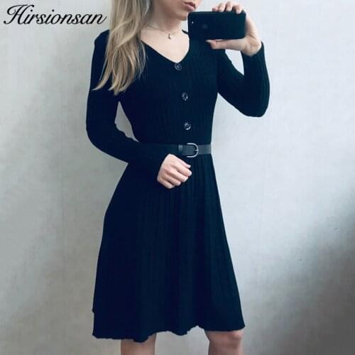 Hirsionsan sweater Dress Women 2019 Autumn Winter Knit Long OL V-neck Slim Bodycon Dress Office Button Sashes Knitted Vestidos