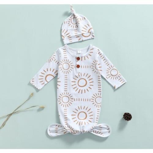 2pcs Baby Sleeping Bags Nightwear with Hat Unisex Sun Print O-Neck Long Sleeve Sleepwear + Cap Outfit 0-12M