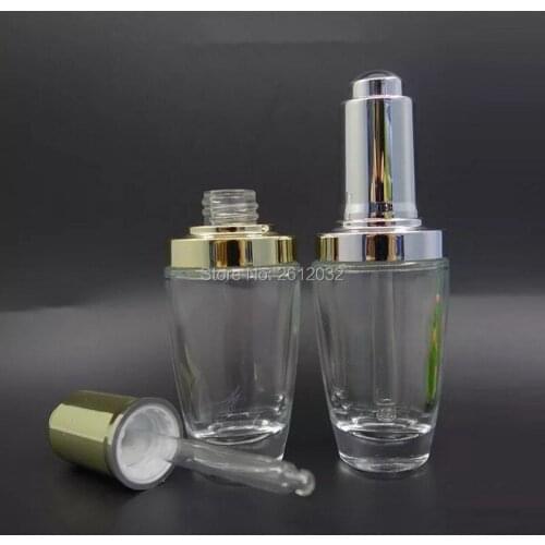 20ml 30ml Clear Glass Bottle with Silver Gold Press Dropper Essential oil Bottles Glass dropper Cosmetic Container H0060