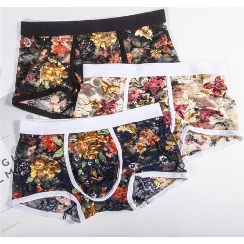 3PCS New Sexy Lace Boxer Lingerie Men Underwear Breathable Floral Men Boxers Hombre Male Calzoncillo Cueca Masculina Boxershorts