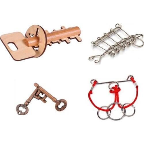 4PCS/Set IQ Metal Wooden Mixed Brain Teaser Puzzles Game for Adults Children