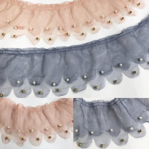 5Meters/lot 11cm wide skin pink gray beads double lotus leaf fold lace accessories collar/cuffs/pet clothing sewing lace SC532