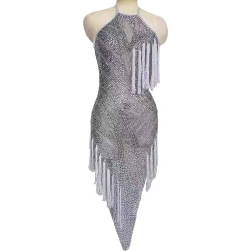 Sparkly Grey Tassel Rhinestone Mesh Dress Female Singer See Through Dance Costume Transparent Birthday Celebrate Fringes Dress