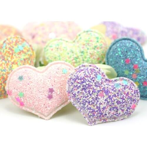 30Pcs 3.2*4.2cm Colourful Glitters Heart Padded Appliques For Kids Handmade Headwear Hairpin Shiny Craft Decor Accessories