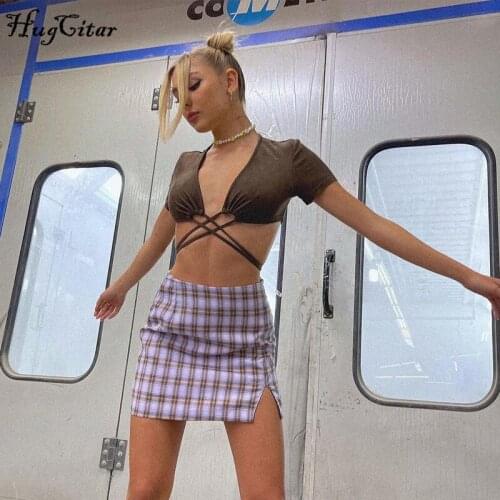 Hugcitar 2021 Short Sleeve Solid Bandage Tshirt Summer Women Fashion Sexy Streetwear Casual Wear