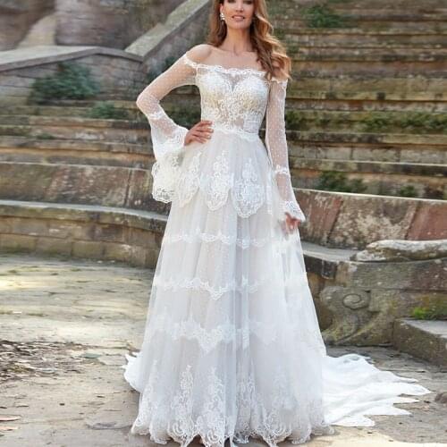 Exquisite Dotted Tulle Lace Boho Wedding Dress Off Shoulder Boat Neck A Line Long Sleeves Bride Gowns 2021 Summber Beach