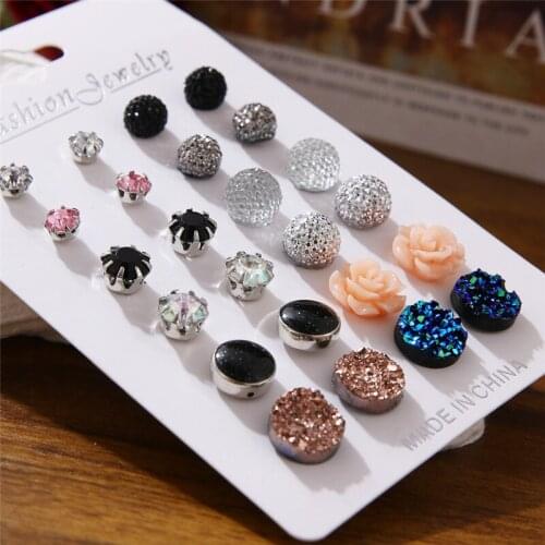 ALIUTOM 12Pairs/Set Round Stud Earrings Set With Card Crystal Flowers Earrings Women Rhinestone Imulated Pearl Earrings Jewelry